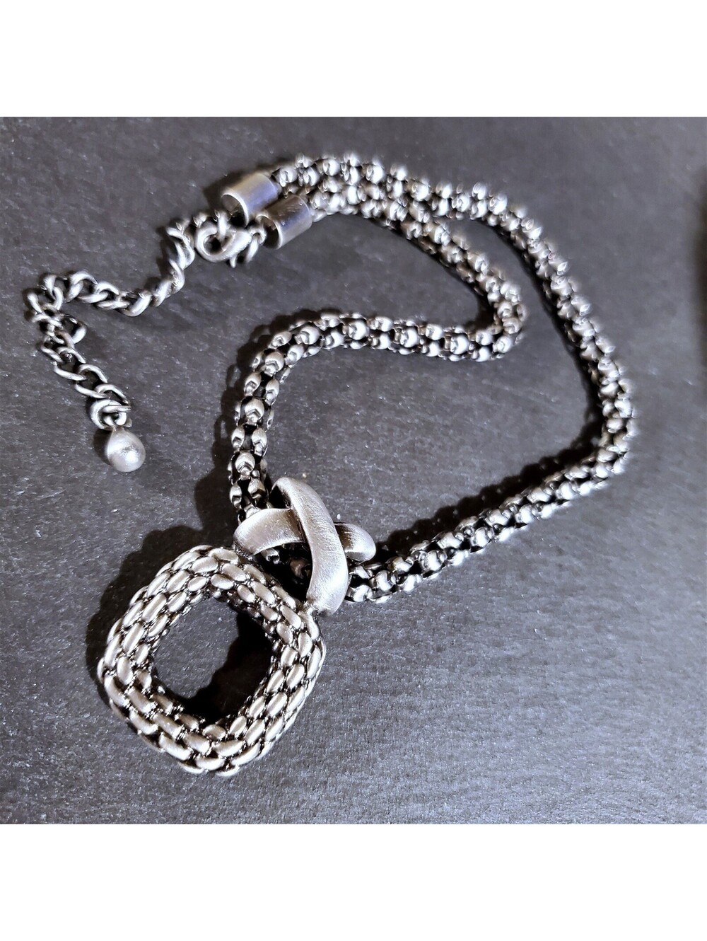 Bold Modernist Antique Silver Braided Criss Cross Square Pendant Necklace - Picture 5 of 7